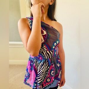 Tibi Women's Printed Side Zip One Shoulder Blouse Top